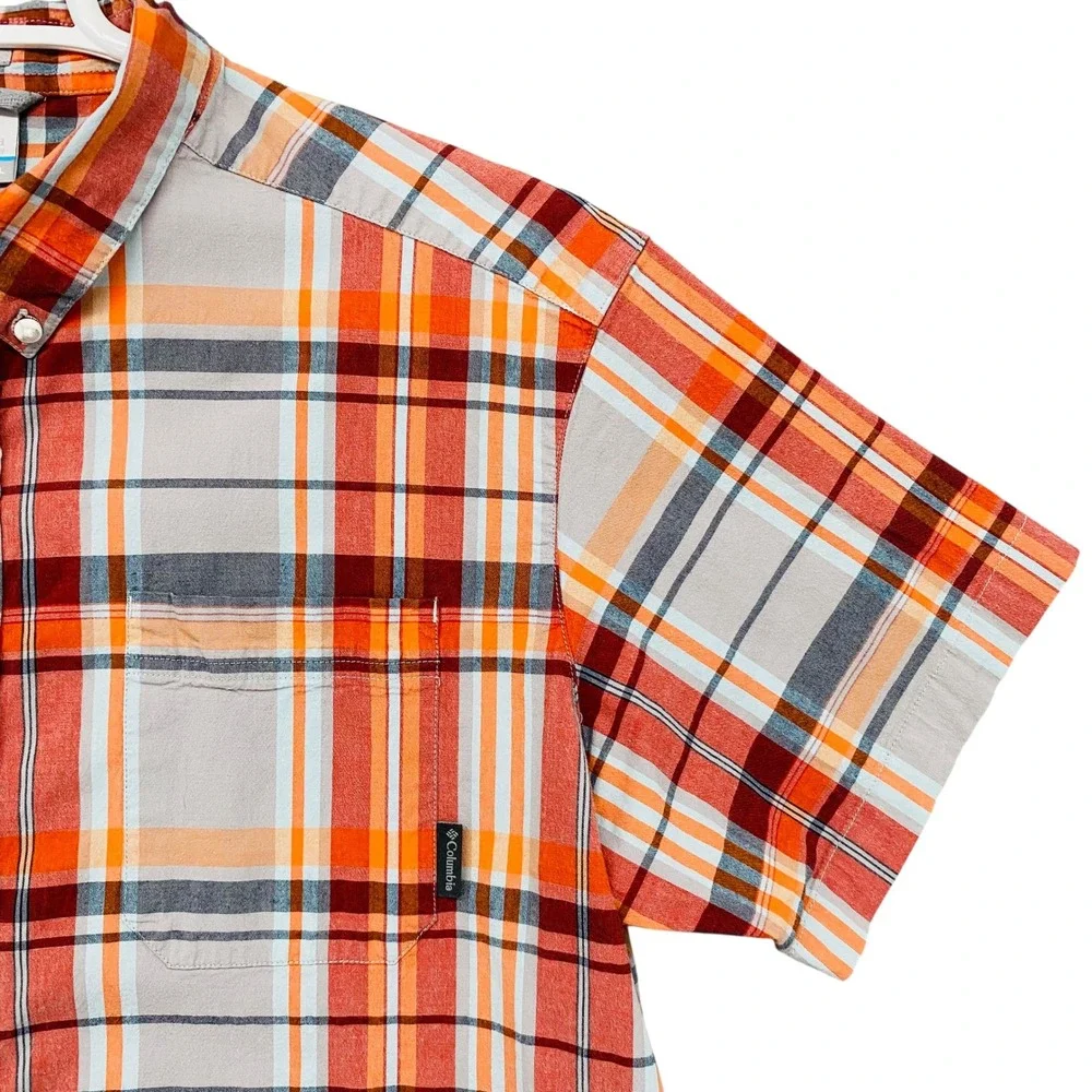 Columbia‎ Mens XL Regular Fit Short Sleeve Plaid Button Down Shirt Orange Grey